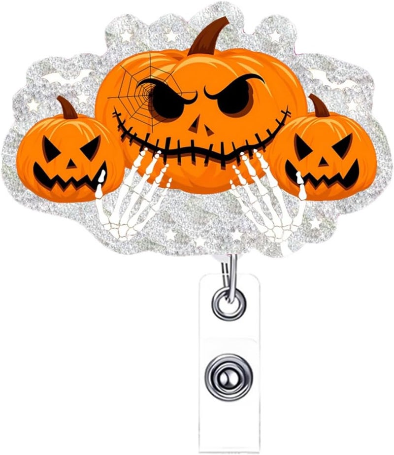 NSSHEL Halloween Pumpkin Badge Reel Cute Glitter Badge Holder Badge Clip Nurse Badge Reel Halloween Handbone Retractable Name Badge Name Tag Holder Nursing Student Social Worker Gift for Coworker - Image 1